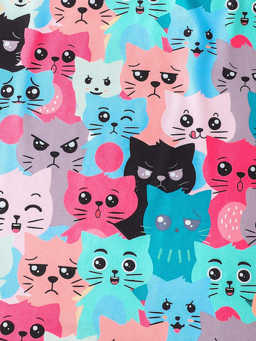 Kid Girls Cute Kittens Print Casual Dress With Ruffled Sleeve, A-Line Swing Dress