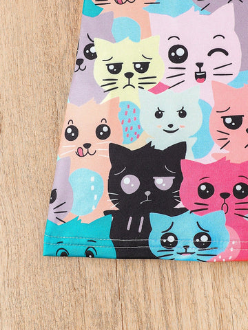 Kid Girls Cute Kittens Print Casual Dress With Ruffled Sleeve, A-Line Swing Dress