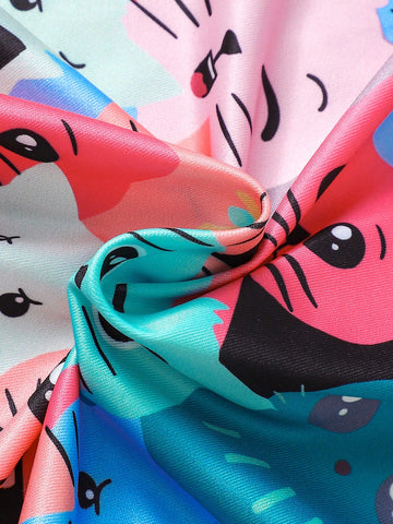 Kid Girls Cute Kittens Print Casual Dress With Ruffled Sleeve, A-Line Swing Dress