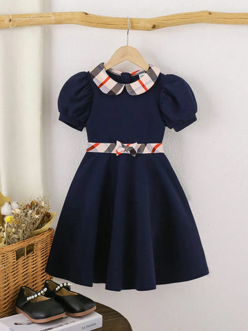 Kids' Girls' School Style Checkered Dress With Contrasting Peter Pan Collar, Suitable For Daily Wear In Summer And Autumn