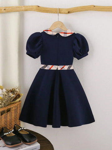 Kids' Girls' School Style Checkered Dress With Contrasting Peter Pan Collar, Suitable For Daily Wear In Summer And Autumn