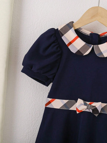 Kids' Girls' School Style Checkered Dress With Contrasting Peter Pan Collar, Suitable For Daily Wear In Summer And Autumn