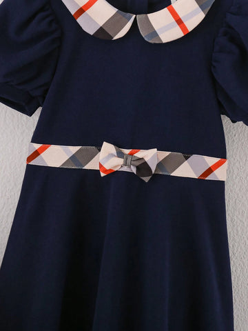 Kids' Girls' School Style Checkered Dress With Contrasting Peter Pan Collar, Suitable For Daily Wear In Summer And Autumn