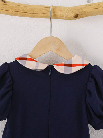 Kids' Girls' School Style Checkered Dress With Contrasting Peter Pan Collar, Suitable For Daily Wear In Summer And Autumn