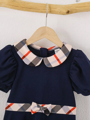 Kids' Girls' School Style Checkered Dress With Contrasting Peter Pan Collar, Suitable For Daily Wear In Summer And Autumn
