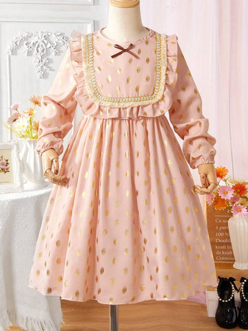 Kids' Gold Fringed Ruffle Hem Bowknot Decorated Long Sleeve Princess Dress, Spring/Autumn