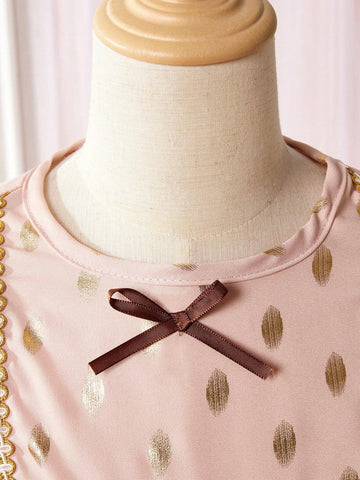 Kids' Gold Fringed Ruffle Hem Bowknot Decorated Long Sleeve Princess Dress, Spring/Autumn