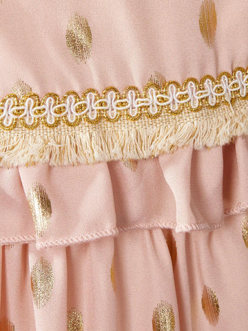 Kids' Gold Fringed Ruffle Hem Bowknot Decorated Long Sleeve Princess Dress, Spring/Autumn