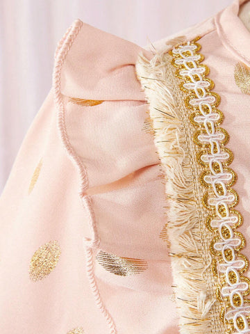 Kids' Gold Fringed Ruffle Hem Bowknot Decorated Long Sleeve Princess Dress, Spring/Autumn