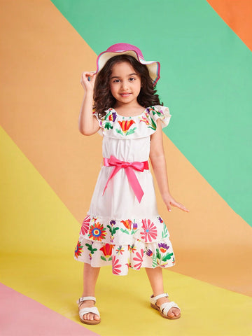 Kids" Leisure Vacation Off-Shoulder Printed Dress