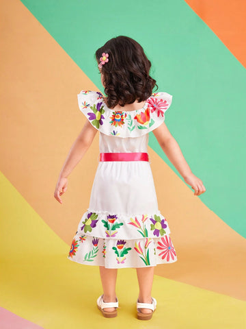 Kids" Leisure Vacation Off-Shoulder Printed Dress