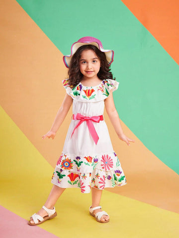 Kids" Leisure Vacation Off-Shoulder Printed Dress
