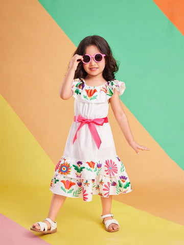 Kids" Leisure Vacation Off-Shoulder Printed Dress