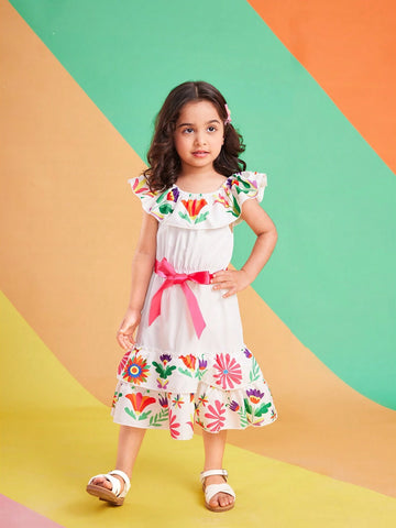 Kids" Leisure Vacation Off-Shoulder Printed Dress