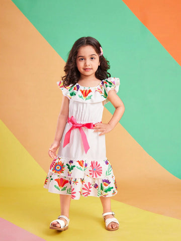 Kids" Leisure Vacation Off-Shoulder Printed Dress
