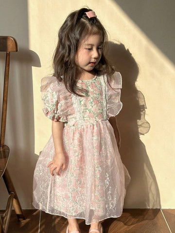 Kids' Round Neck Dress With Floral Print And Puff Sleeves