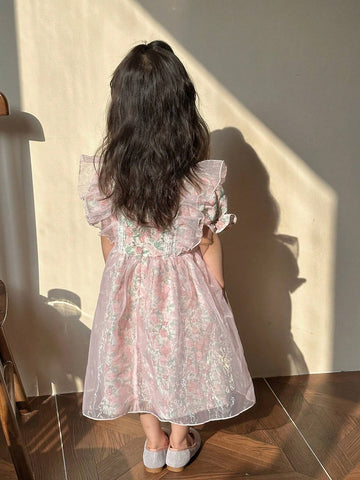 Kids' Round Neck Dress With Floral Print And Puff Sleeves
