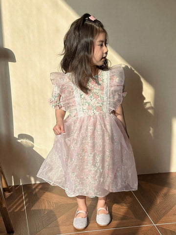 Kids' Round Neck Dress With Floral Print And Puff Sleeves