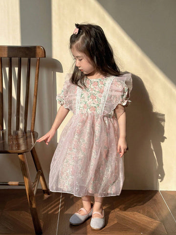 Kids' Round Neck Dress With Floral Print And Puff Sleeves