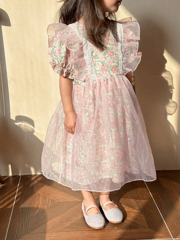 Kids' Round Neck Dress With Floral Print And Puff Sleeves