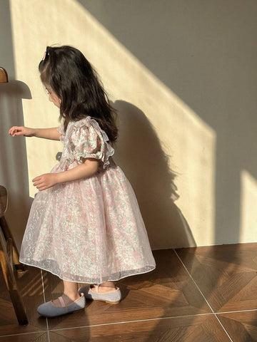 Kids' Round Neck Dress With Floral Print And Puff Sleeves