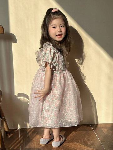 Kids' Round Neck Dress With Floral Print And Puff Sleeves