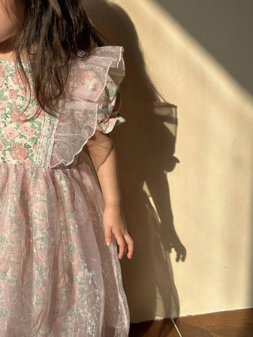 Kids' Round Neck Dress With Floral Print And Puff Sleeves