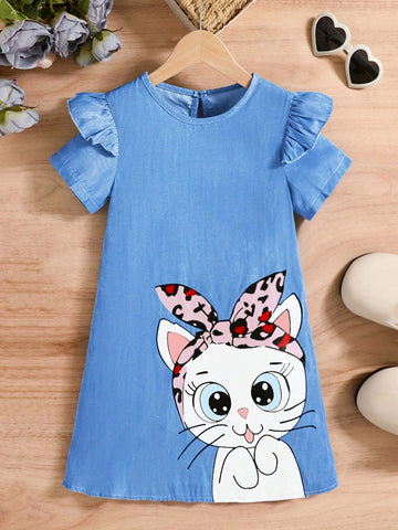 Kids' Summer New Cat Printed Casual Dress For Girls
