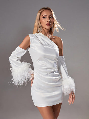 Klara Satin Feather Trimmed Mini Dress In White