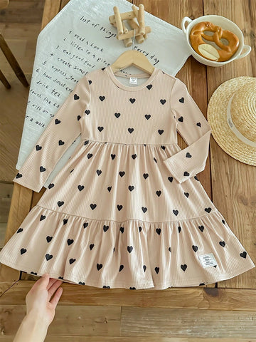 Knit Heart Pattern Fitted Casual Dress For Young Girls