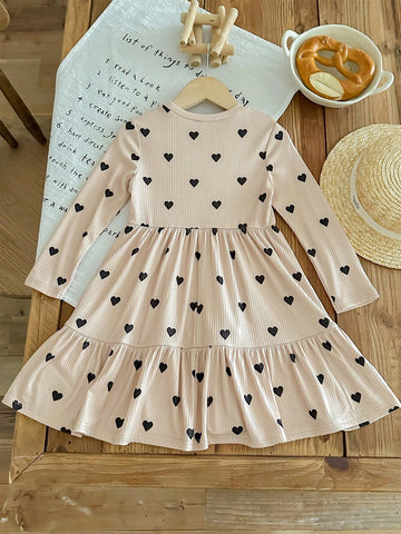 Knit Heart Pattern Fitted Casual Dress For Young Girls