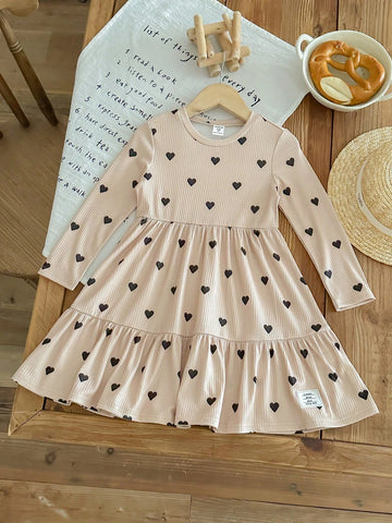 Knit Heart Pattern Fitted Casual Dress For Young Girls