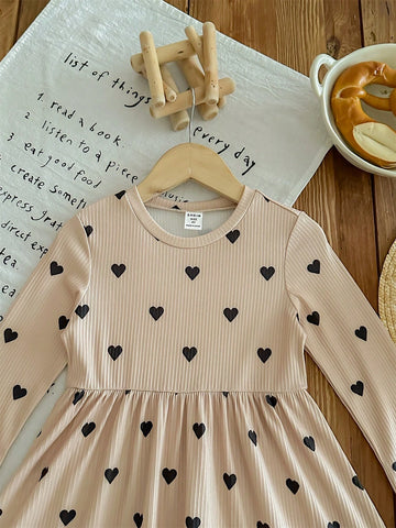 Knit Heart Pattern Fitted Casual Dress For Young Girls