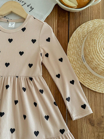 Knit Heart Pattern Fitted Casual Dress For Young Girls