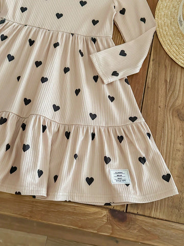 Knit Heart Pattern Fitted Casual Dress For Young Girls