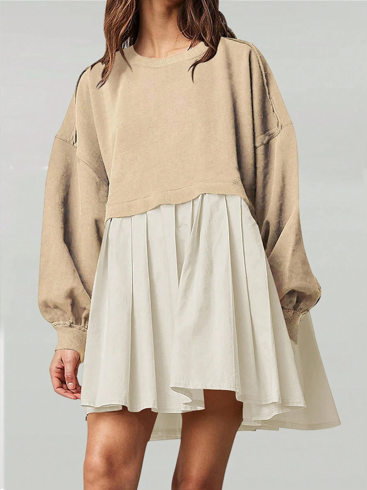 Knit Patchwork Long Sleeve Pleated Midi Dress