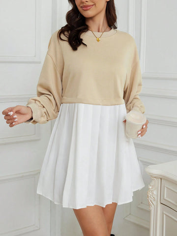 Knit Patchwork Long Sleeve Pleated Midi Dress