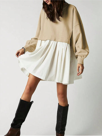 Knit Patchwork Long Sleeve Pleated Midi Dress