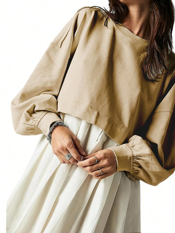 Knit Patchwork Long Sleeve Pleated Midi Dress