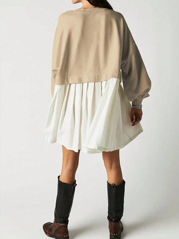 Knit Patchwork Long Sleeve Pleated Midi Dress