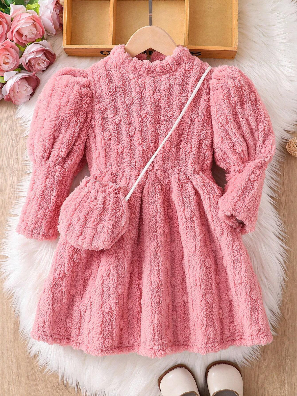 Knit Solid Color Fluffy Mini Stand Collar Gigot Sleeve Form-Fitting Casual Dress For Young Girl