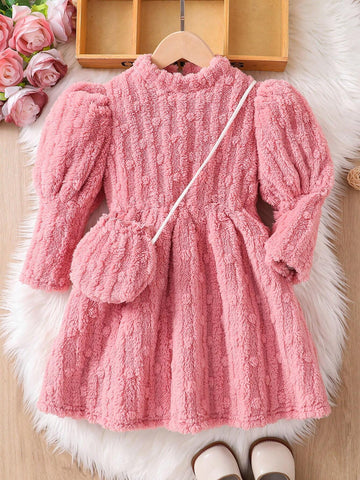 Knit Solid Color Fluffy Mini Stand Collar Gigot Sleeve Form-Fitting Casual Dress For Young Girl