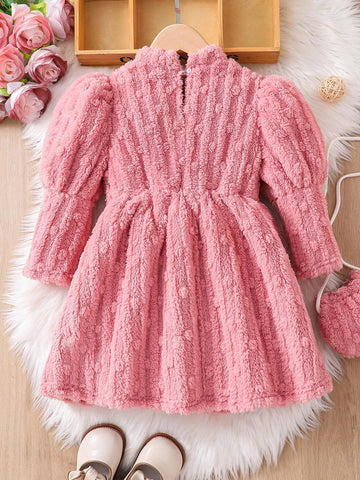 Knit Solid Color Fluffy Mini Stand Collar Gigot Sleeve Form-Fitting Casual Dress For Young Girl