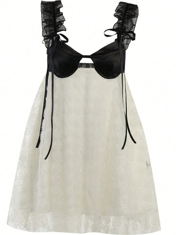 Knitted Contrast Lace Spaghetti Strap Mini Dress, 2024 Summer New Sexy Backless Design, European And American Style
