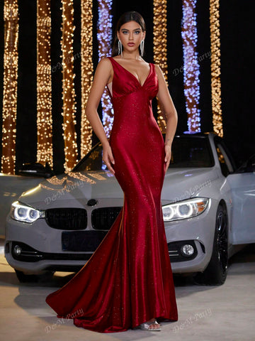 Knitted Elastic Shiny Stretch Fabric Sleeveless Ruched Front V-Neck Full-Length Dress With Hem Sweep For Prom Party