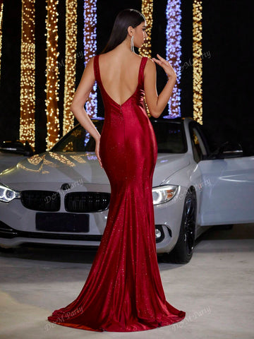 Knitted Elastic Shiny Stretch Fabric Sleeveless Ruched Front V-Neck Full-Length Dress With Hem Sweep For Prom Party