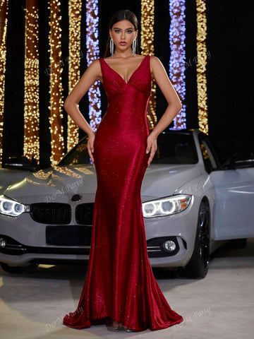 Knitted Elastic Shiny Stretch Fabric Sleeveless Ruched Front V-Neck Full-Length Dress With Hem Sweep For Prom Party