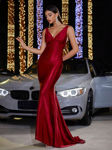 Knitted Elastic Shiny Stretch Fabric Sleeveless Ruched Front V-Neck Full-Length Dress With Hem Sweep For Prom Party