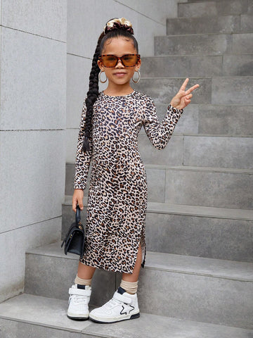Knitted Leopard Pattern Casual Dress For Young Girl