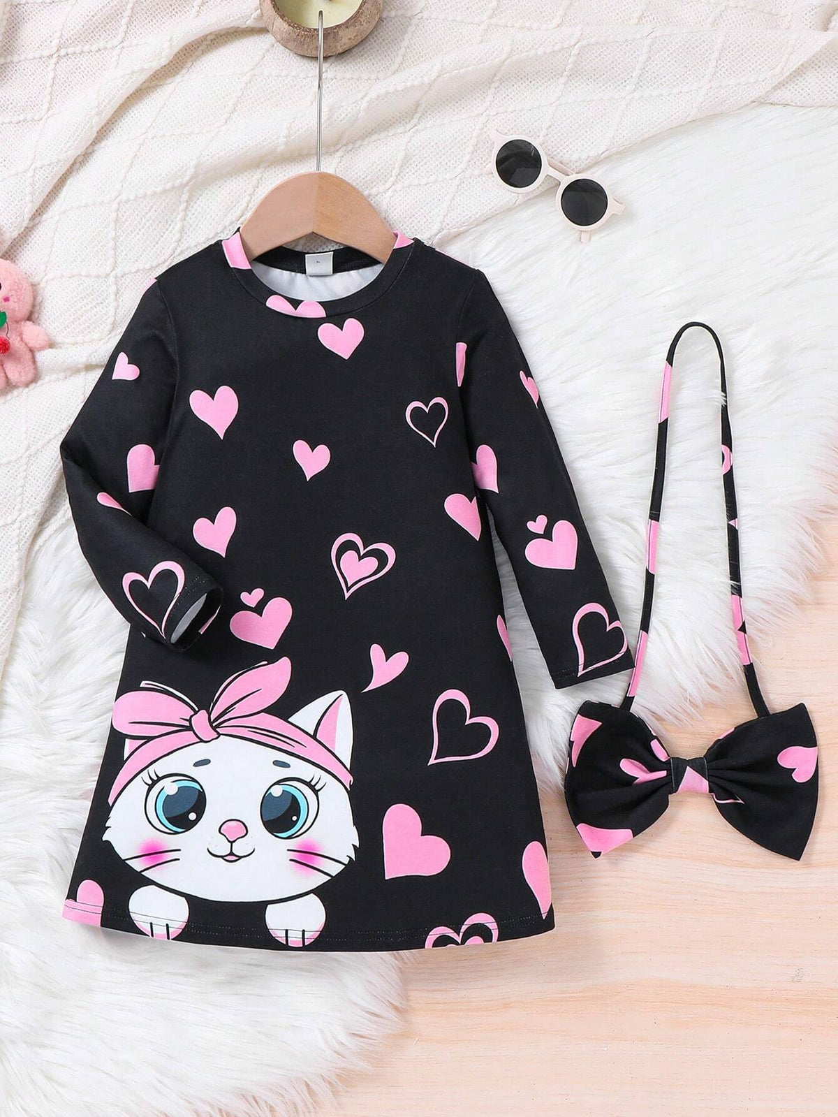 Knitted Loose Casual Cat Print Round Neck Dress And Crossbody Bag For Young Girls